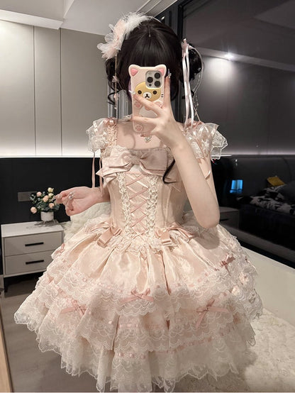 Details Dress Lace Jacquard with Lolita Pink Bow Princess Multi-Layered