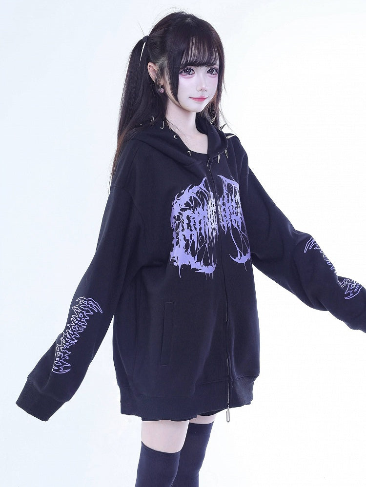 Zip Jirai Hoodie Rivet-Decorated Purple Kei Black Printed