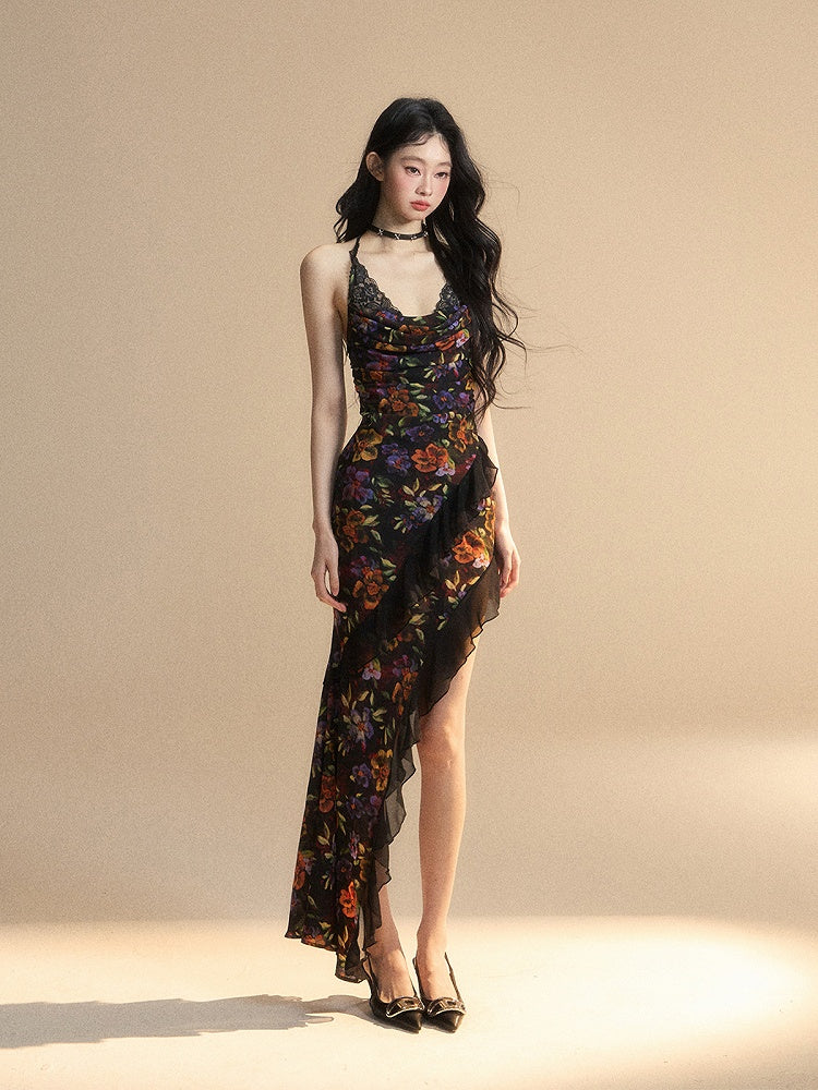 Blumenkleid Rock Schwarz Chiffon Neckholder Asymmetrische Meerjungfrau