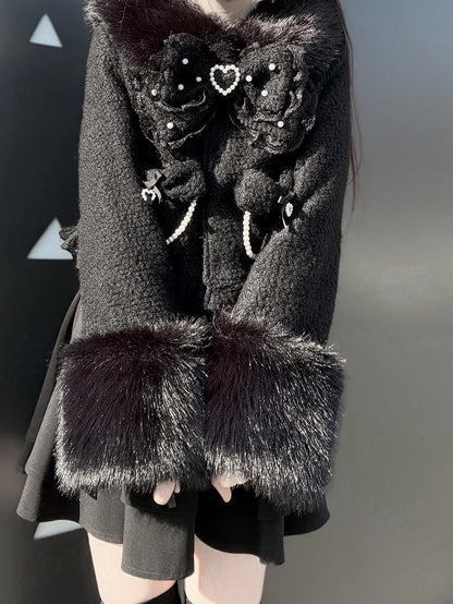 Bow Decor Black Jirai Beaded with Short Fuzzy Kei Chain Coat