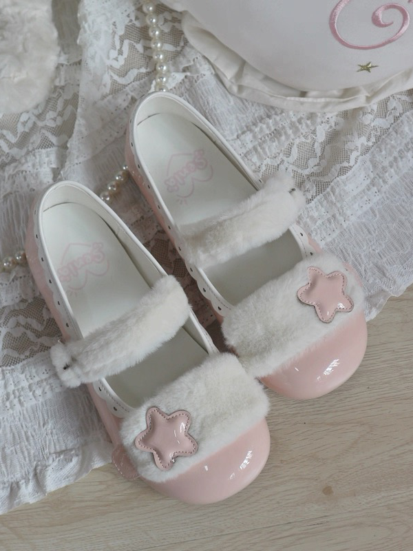 Accent Plush Star Sweet Button Flats Weißer Riemen Druckknopf Rosa - PU