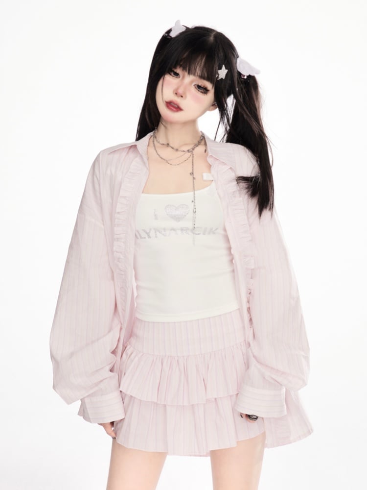 ウエストティアードストライプスカート ピンク ロー