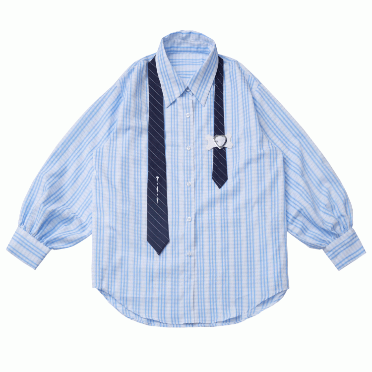チェックシャツ ブルー＆ホワイト ネクタイデザイン ルーズ