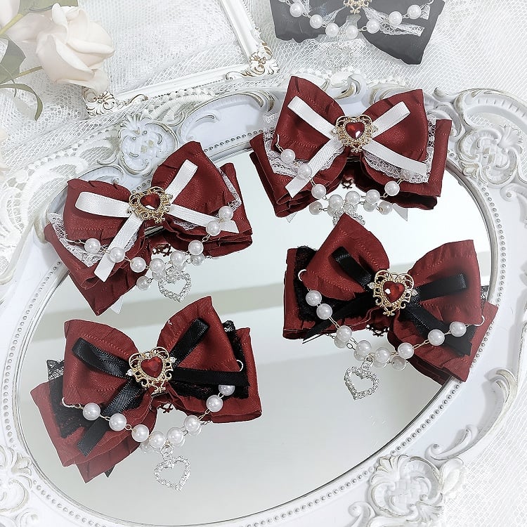 Jirai Kei Sweetheart Beaded Chain and Rhinestone with Bow Hairclips