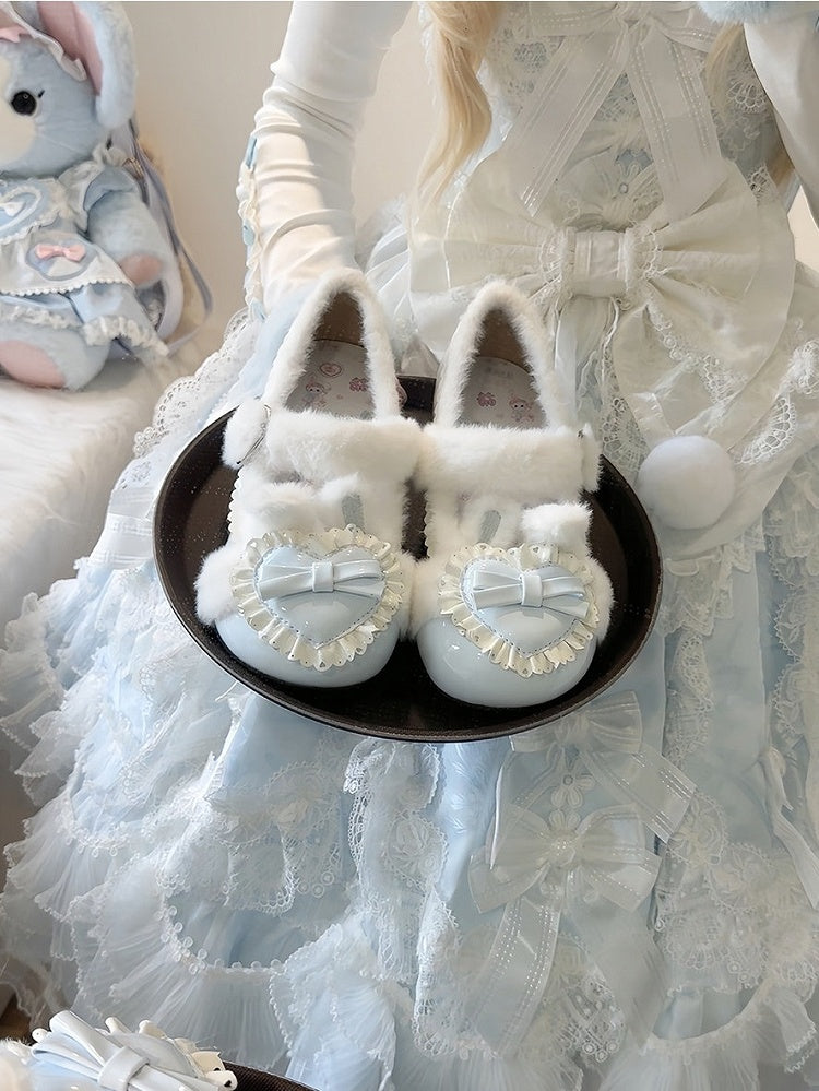 Plush Heart Light Blue Winter Lolita Round-Toe Footwear - Cute Bunny