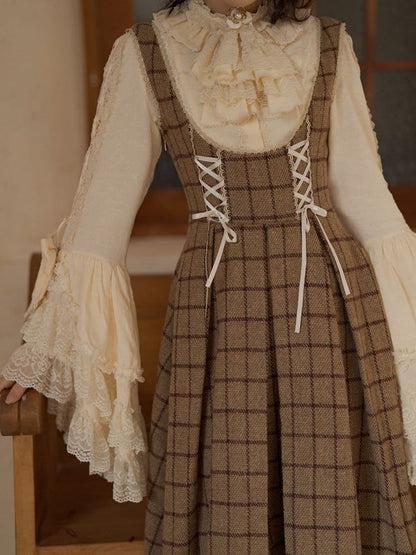 Classic Lace-Up Elegant Details Lolita with Brown Dress Plaid