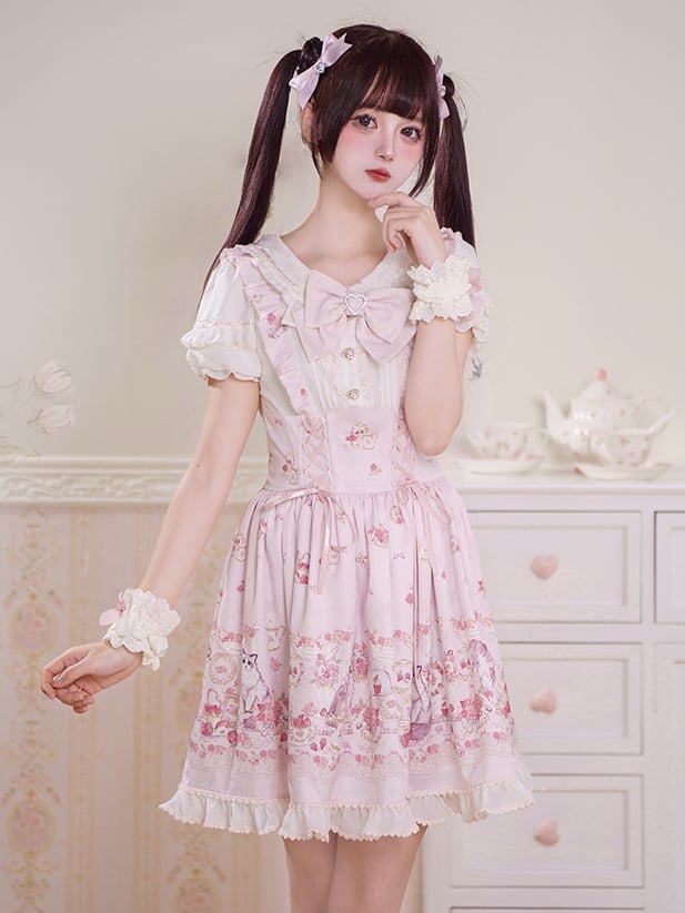 Lace-up Design Sweet Pleating Kei Details Print Pink Cat Jirai