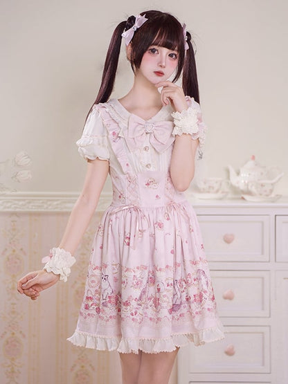 Lace-up Design Sweet Pleating Kei Details Print Pink Cat Jirai