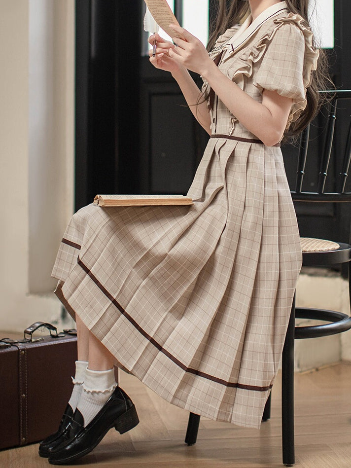 Plaid Elegant Puff Tie Coffee Light Sleeves Dress with Skirt Pleated