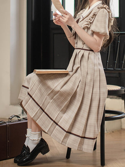 Plaid Elegant Puff Tie Coffee Light Sleeves Dress with Skirt Pleated