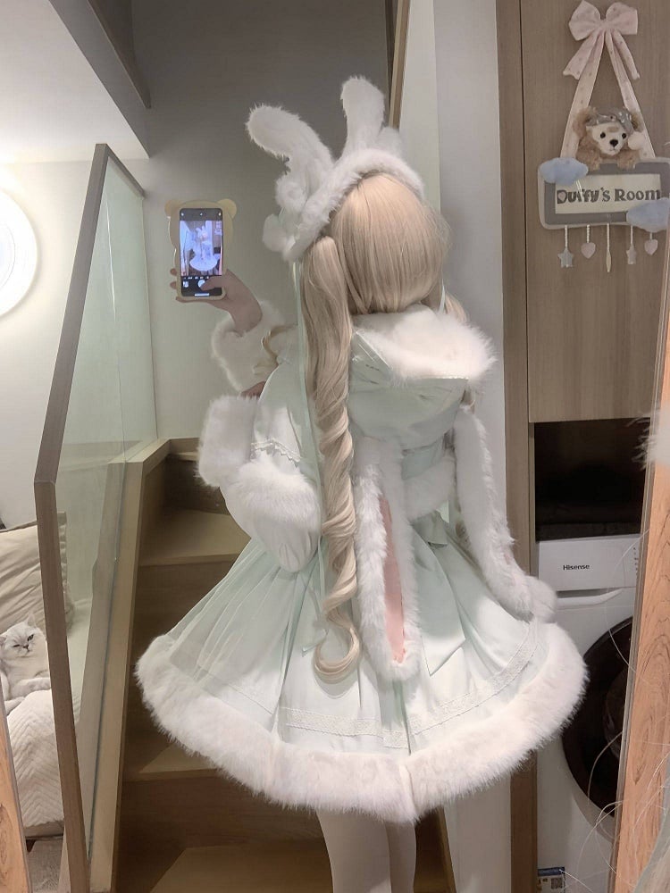 Bunny Ears Hooded Cape - Sweet Lolita Pink & White Faux Fur Dress