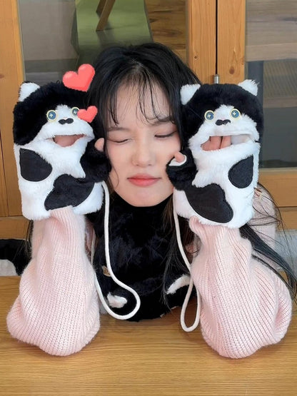 Schwarz-weiße süße Plüschhandschuhe in Katzenform