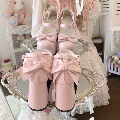 Rosa Lolita-Schuhe mit Schleife und Plateau und hohem Blockabsatz