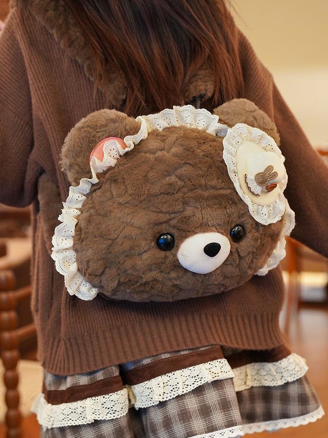 Brown Bear Shaped Lace Plush Backpack