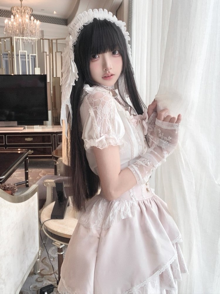 Ryousangata White & Pink Lace Bow Blouse - Jiuniang Cherry