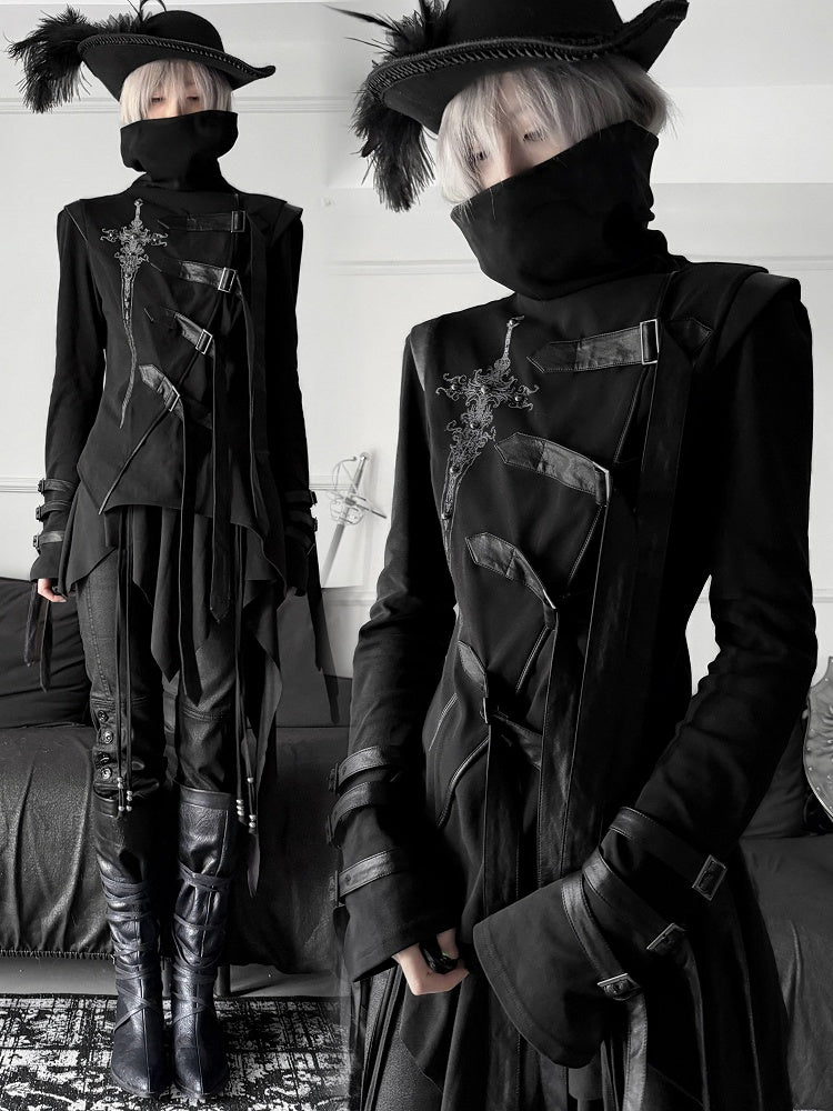 Top Print Stacked Sword PU Gothic Asymmetrical Decorated - Buckle Strap Black Collar