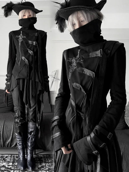 Top Print Stacked Sword PU Gothic Asymmetrical Decorated - Buckle Strap Black Collar