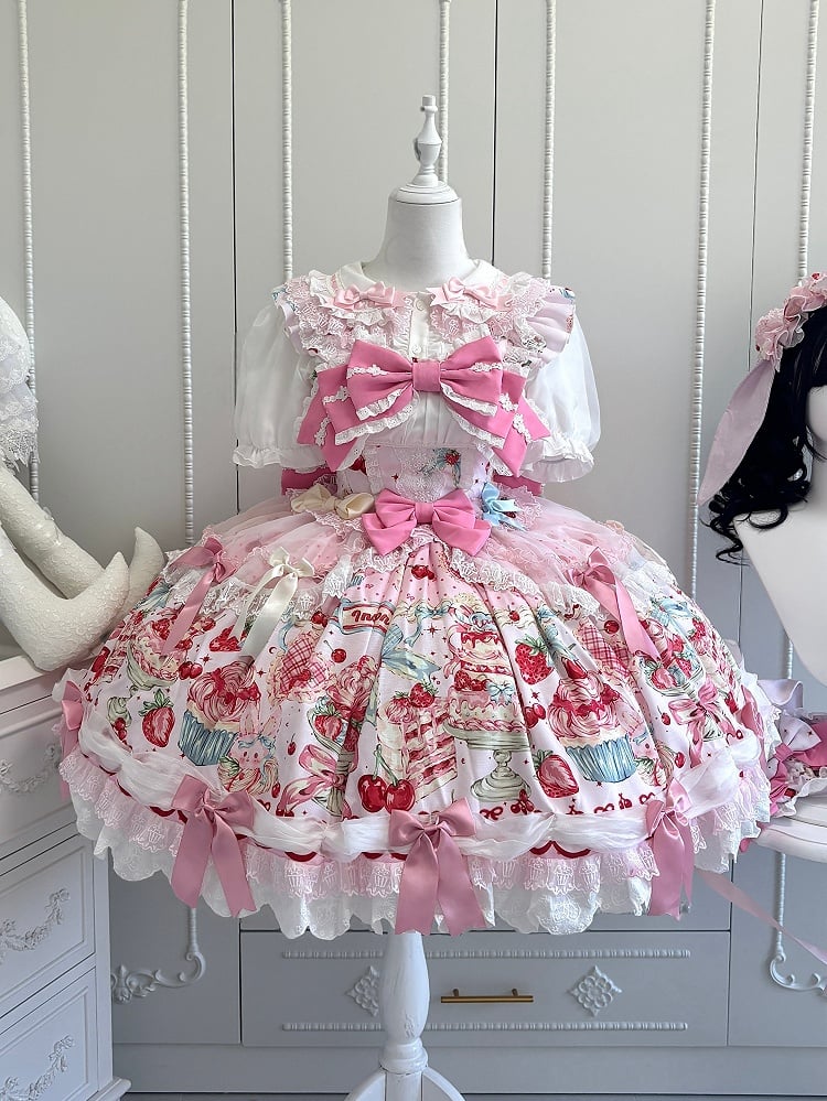 Akzente Druck mit Schleife Erdbeere und Süßkirsche Rosa Lolita Mode Kleid Licht
