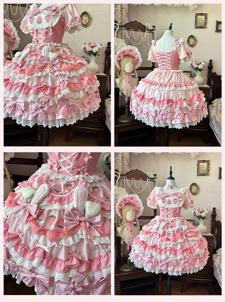 クリーミーなストロベリーバニーピンクのリボンスカートのアクセントがティアード