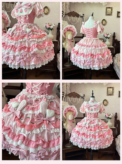 クリーミーなストロベリーバニーピンクのリボンスカートのアクセントがティアード