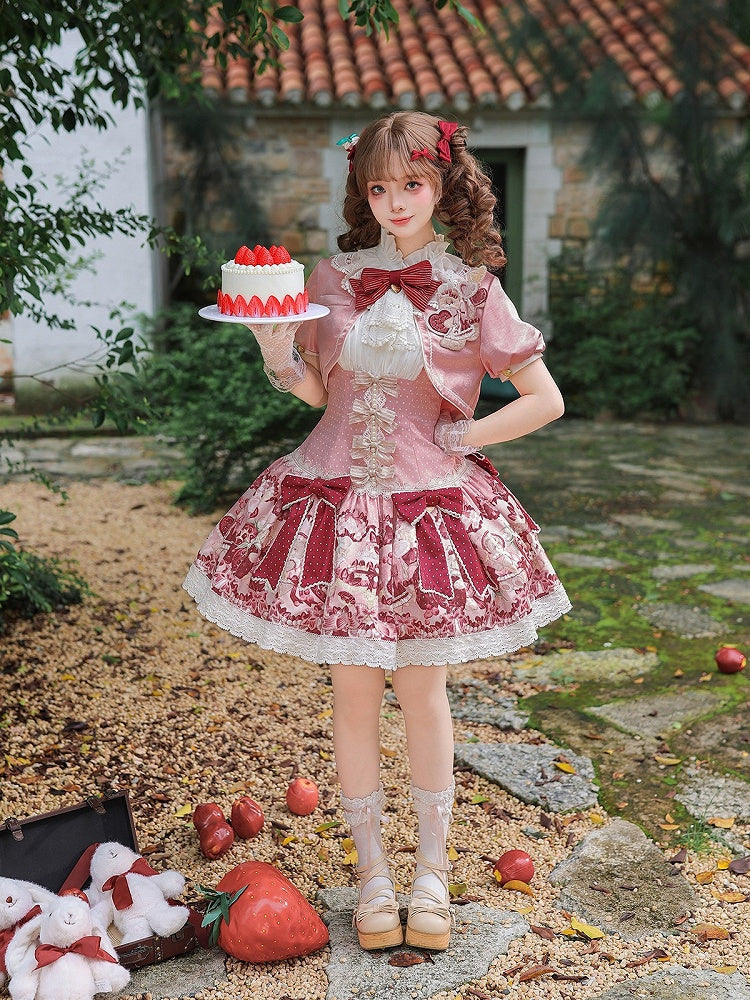 Sweet Lolita Floral JSK Dress with Bowknot & Lace - Strawberry Fantasy - Unknown Star