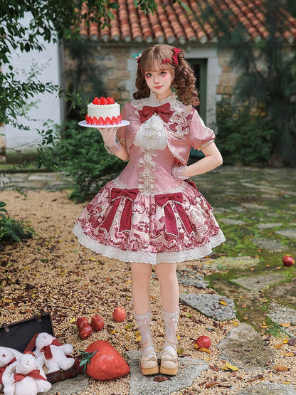 Sweet Lolita Floral JSK Dress with Bowknot & Lace - Strawberry Fantasy - Unknown Star