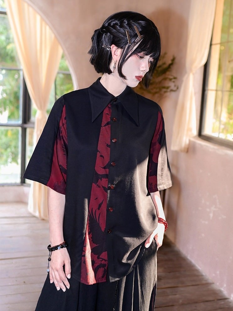 Gothic Black and Red Spliced Pointed Flat Collar Short Sleeve Shirt with Crow Motif - Quirky Hut