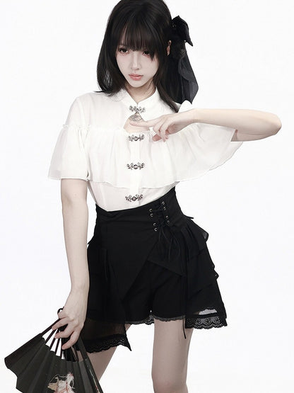 Black Ruffled Hem Shorts in Oriental Style - PINK SAVIOR