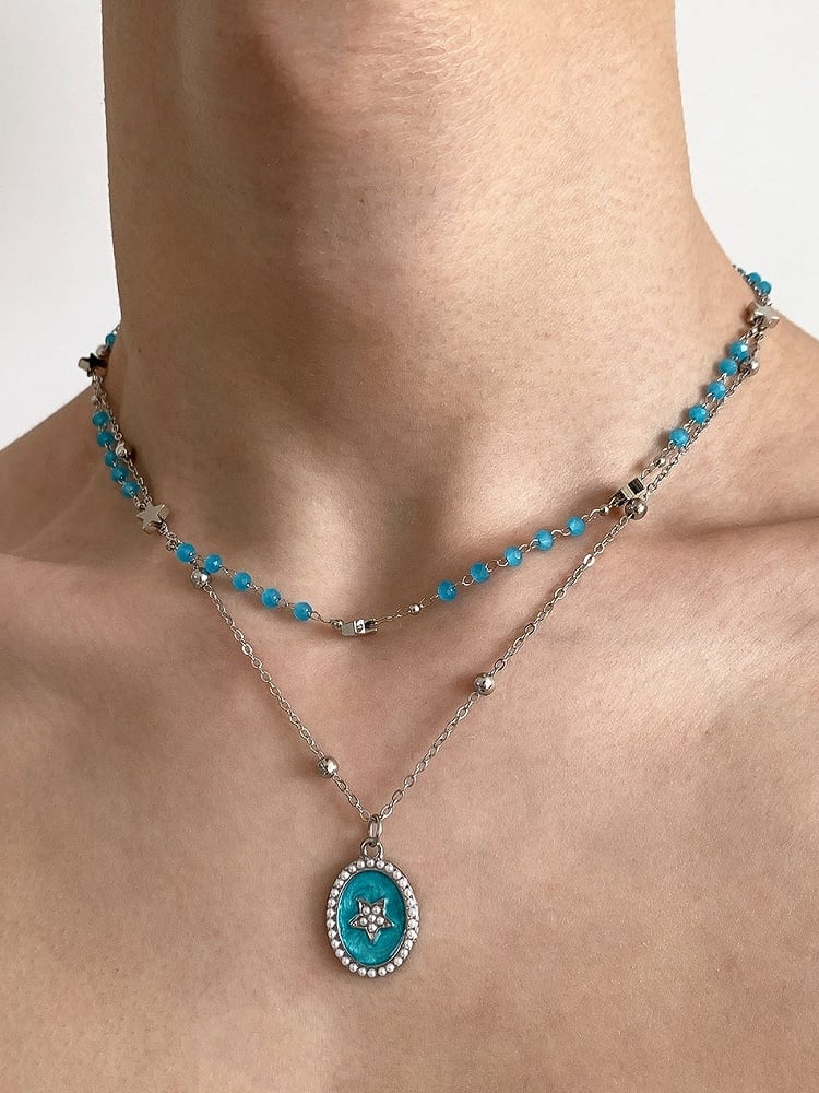 Y2K Layered Beaded Necklace in Blue & Pink with Star Pendant - YSHXS
