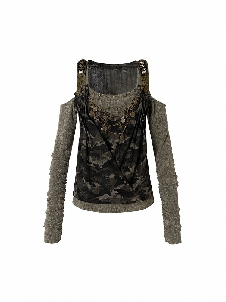 Studded Design Camo Accents Green Vintage Knit Cold-Shoulder Punk with Top