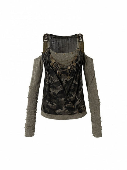 Studded Design Camo Accents Green Vintage Knit Cold-Shoulder Punk with Top