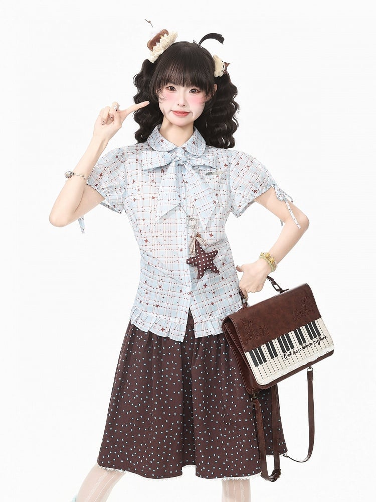 Blue Kawaii Star Plaid Short Sleeve Shirt with Bow - Languid Park