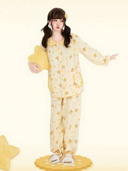 Yellow Mango Print Loungewear Set with Peter Pan Collar - Tan Tuan