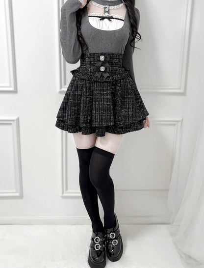 High-Waist Bows Tweed Match Kei Skirt: Black Detachable Jirai Mix with