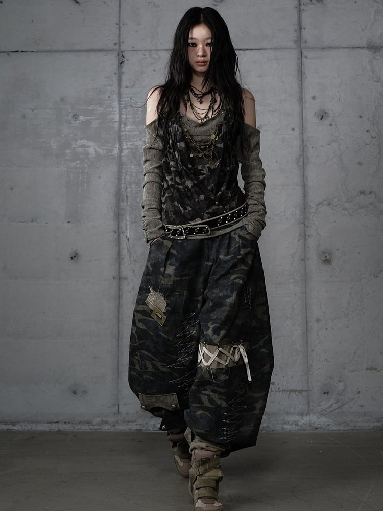 Pants Cargo Zigzag Punk Deconstructed with Camo Embroidery Vintage Design