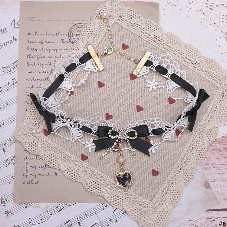 Kei 12 Heart Rhinestone Lace Choker Jirai Bowknot Options Color