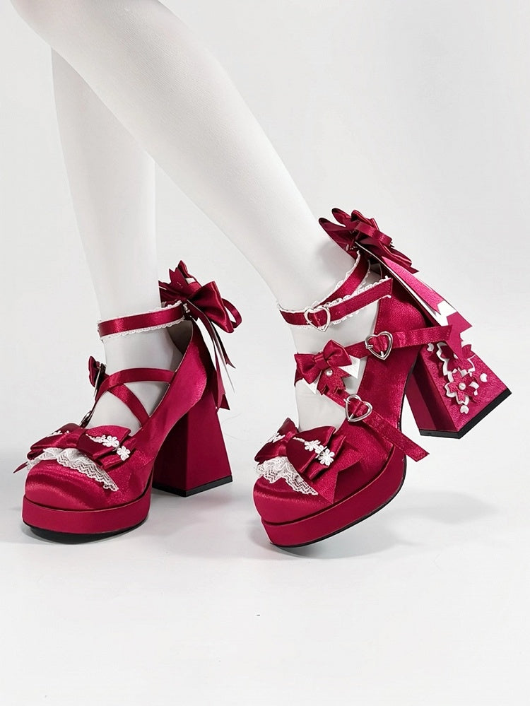 Bow Heel - Heart Satin with in High Janes Red Themed Accents Sakura Snap Block Mary