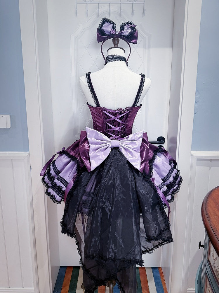Black Dress Fluffy Waist Lolita Purple Accents with Sweet Basque Bow
