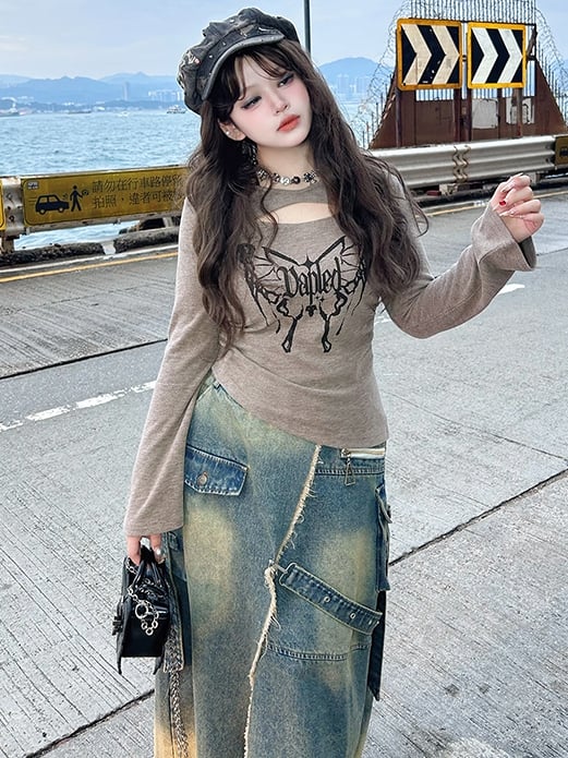 Plus Size Blauer Jeansrock mit hohem Schlitz und ausgefranstem Saum im Wasteland-Punk-Stil mit Cargotaschen