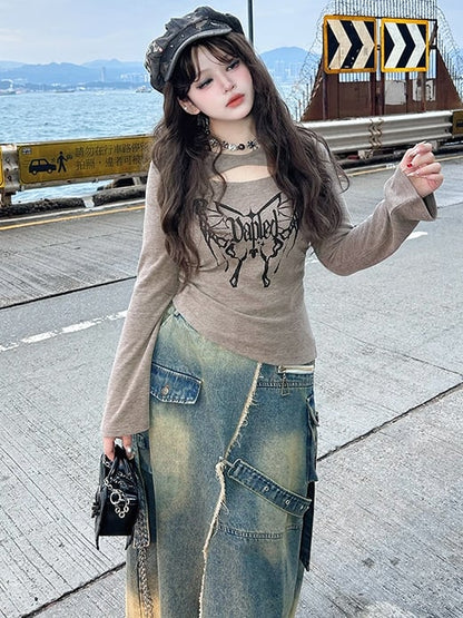 Plus Size Blauer Jeansrock mit hohem Schlitz und ausgefranstem Saum im Wasteland-Punk-Stil mit Cargotaschen