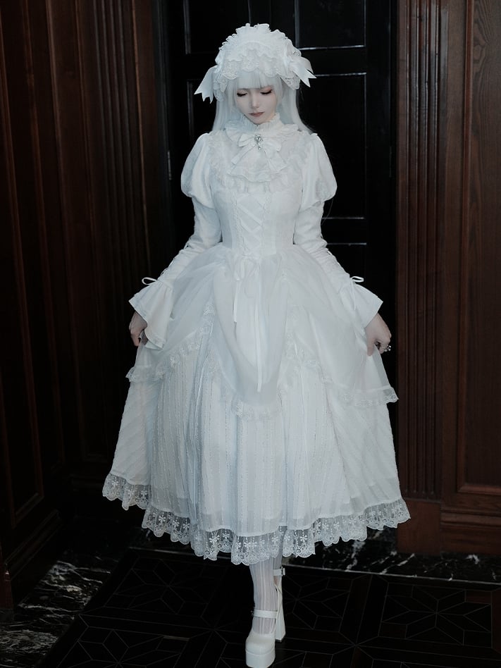 Lolita Drawstring Sleeves Ruffle Gothic Juliette Overlay Dress White Neckline with