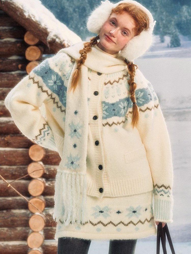 Pattern Knit White Vintage Skirt Snowflake