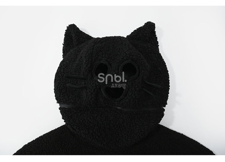 Black Cat Head Hood Fleece Hoodie