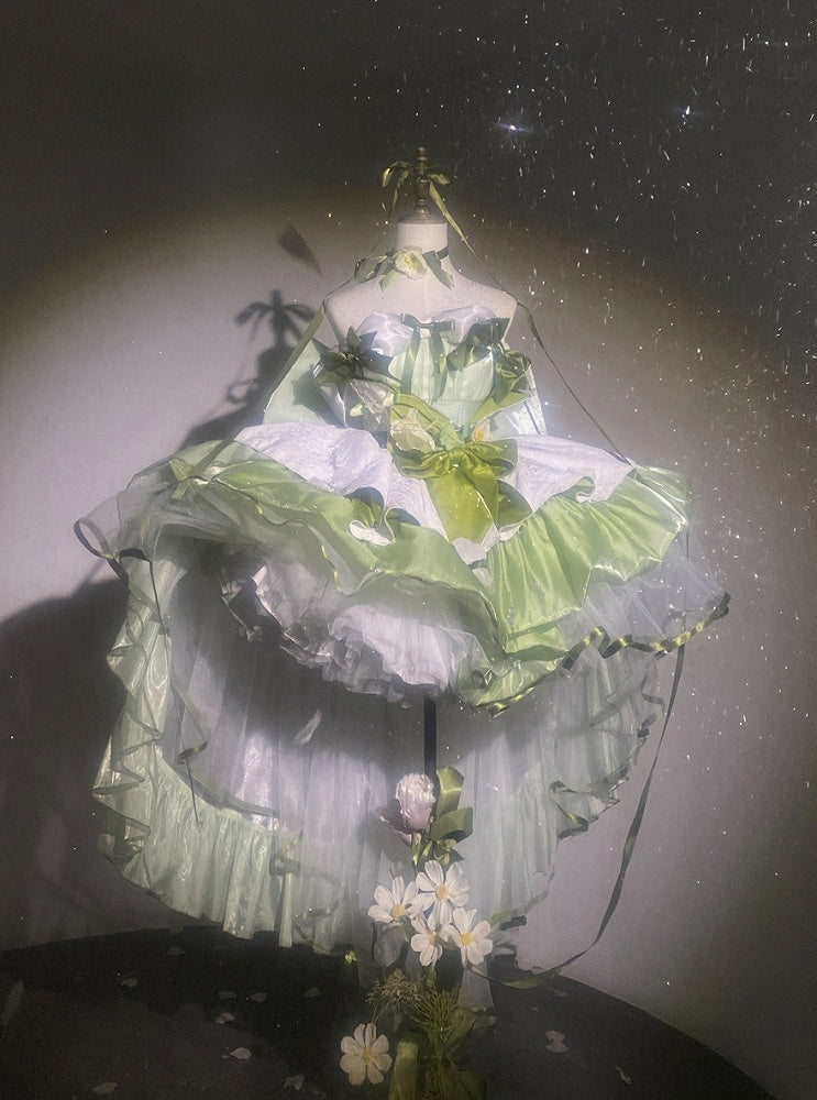 Green Balletcore Puffy Dress with Bow Accents - POSHEPOSE