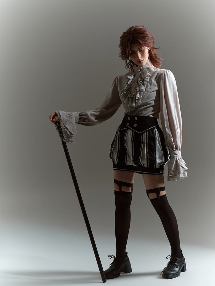 Gray Lace Ruffle Jabot Stand Collar Long Sleeve Blouse - Castle Too