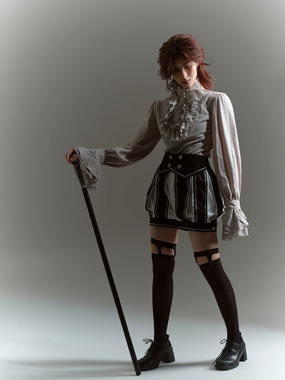 Gray Lace Ruffle Jabot Stand Collar Long Sleeve Blouse - Castle Too