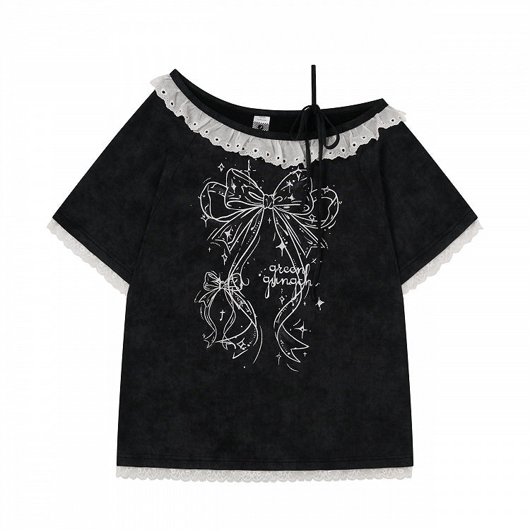 Black Asymmetrical Shoulder Short Sleeve T-Shirt with Bow Print & Lace Trim - Languid Park