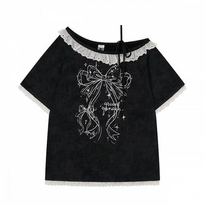 Black Asymmetrical Shoulder Short Sleeve T-Shirt with Bow Print & Lace Trim - Languid Park