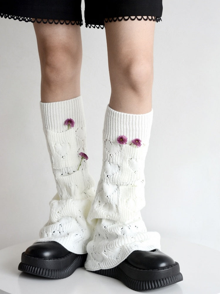 5 Colors Heart Pattern Flared Knitted Leg Warmers with Pockets