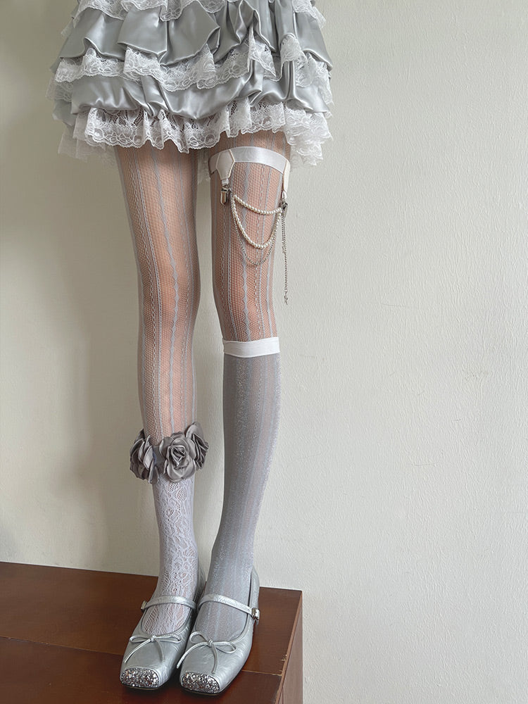 and Beaded Charms/Floral Underknee Trims Hollow-out Socks/Gray Stockings Tights/Leg Gray Star-shaped with strands Loop Semi-sheer